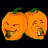Two orange pumpkin-shaped objects with green stems, side-by-side on a black background, each with distinct carved facial expressions.
