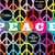 A static image of a repeating pattern featuring peace symbols and the word 'PEACE' in bold, colorful letters.
