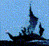 Silhouetted ships with multiple sails on a blue pixelated background, showing two distinct configurations of vessel shapes and sail positions.