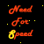 Black background with yellow star-like dots and red cursive text reading 'Need For Speed' where the 'S' in 'Speed' cycles through yellow, orange, and red.
