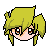 Pixel art head with green pigtails showing sequential facial expressions from neutral to smiling and closing eyes.