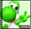 Green cartoon character with large round head, white body, and red mouth making peace sign with right hand against light green background.
