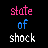 Pixelated text 'state of shock' in pink, blue, and white on black background with partial pixel decay visible.