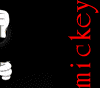 Animated sequence of Mickey Mouse peeking from behind a black background with red text reading 'mickey' vertically on the right.