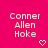 Pixelated text 'Conner Allen Hoke' in light pink on bright pink background with two pixelated hearts below text.
