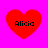 Four red heart shapes on a bright pink background, each containing the text 'Alicia' in black pixelated font.