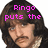 Pixelated image of a person with brown hair and mustache, overlaid with pink text fragments across four