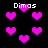 Pixelated pink hearts float against a black background with the text 'Dimas' in white pixel font at multiple positions.