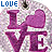 Pixelated icon with blue 'LOVE' text above a large purple heart-shaped 'I' and white 'U' letters on a light gray pixel grid background.