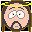 Pixelated cartoon face with pink skin, gray eyes, black eyebrows, and a small mouth; yellow halo on left frame, white halo on right frame.
