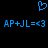 Blue pixelated heart symbol above two identical lines of blue text reading 'AP+JL=<3' on a black background.
