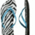 A pair of black and white striped flip-flops with blue straps, shown in two states: one where the straps are open and another where they are closed.