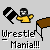 Pixel art icon shows a wrestler in yellow shirt and black mask holding a microphone, with 'wrestle Mania!!!' text below on gray background.