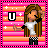 Pixel art of a girl with long brown hair wearing a white crop top and black checkered pants, standing against a pink and orange striped background with white stars.