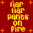 Red background with orange starbursts; yellow pixelated text repeats 'nir nir pants on fire' in two vertical