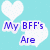 Pixelated icon with four quadrants showing names and text over heart-patterned backgrounds in pastel colors.