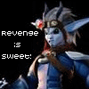 Animated character with pointed ears and a flower in hair, wearing blue armor, with text 'Revenge is sweet!' on a black background.