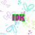 Pixelated text overlays on a white background with pastel-colored heart and butterfly shapes, featuring green-outlined pink letters.