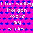 Pixelated text repeats 'i luv smiley! luv smiley! luv smiley' and 'Morgan rocks my socks!' on a bright pink background with blue stars.