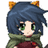 Pixelated anime-style character with dark blue hair, green eyes, and orange cat ears, wearing a green scarf and brown top against a blue background with pink text.