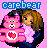 Pixelated static icon featuring a pink Care Bear holding a heart symbol next to a cartoon girl with brown hair against a solid pink background, with blue text reading 'carebear' at the top.