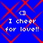 Blue background with red diamond lattice pattern and white text reading 'I cheer for love!!' above a '<3' symbol.