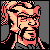 Pixelated static icon of a stylized character with pink and beige tones against gray background, featuring exaggerated facial features and flowing hair-like shapes.