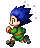 Pixel art character with blue spiky hair in four running poses on gray background, green outfit with red accents and brown shoes.