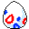 Pixelated egg-shaped icon with red, blue, and light blue patterns on white background; four identical frames show no visible motion changes.