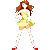 A pixelated character in a yellow dress with red shoes changes poses across three of each