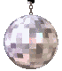 Four vertical of silver disco balls with reflective mirror facets, each containing three identical disco balls suspended by chains against a gray background