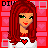 Pixel art of a red-haired figure with green eyes wearing a white top and heart symbol, set against pink hearts on red background.