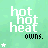 Pixelated green background with stacked 'hot hot heat' text and 'guns.' below, featuring star symbols in white or pink on each frame.
