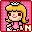 Pixel art character with blonde hair, red eyes, and a pink dress holding a yellow star against a pink polka-dot background.