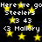 Black background with yellow stars and repeated white text reading 'Here we go Steelers', '(3 43)', and '(3 Mallory)' in a pixelated font.