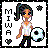 Pixel art of a character with multicolored hair holding a soccer ball, standing next to vertical text reading "MIWA" and two heart symbols.