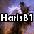 Pixelated image of a celestial nebula with text overlay reading 'HarisB1 Loves Space!' in bold white letters.
