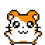 Pixel art hamster with orange and white fur in various expressions including smiling, winking, and blushing on a gray background.