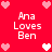 Red background with white and pink pixelated hearts surrounding repeated text "Ana Loves Ben" in white block letters.
