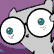 Pixelated cartoon character with large white eyes and teal pupils against a purple background, gray body outline visible.