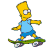 A contact sheet of seven animated frames showing Bart Simpson riding a green skateboard with white wheels, each frame depicting a different running pose against a transparent background.