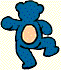 Blue teddy bear with light brown belly in four poses on yellow polka-dot background.
