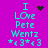 Cyan text on purple background reads "I Love Pete Wentz *<3*<3" with a black heart and pixelated starburst animation above the 'I'.
