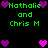 Pixel art displays green text 'Nathalie and Chris M' with purple hearts on black background, featuring two distinct heart arrangements in vertical layout.