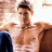 Two side-by-side frames of a pixelated animated icon showing a shirtless man with short dark hair in different poses against a bright background, with a white heart outline on the right frame's lower-right corner.