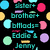 Pixelated teal text on black background with scattered colored circles, displaying names and symbols.