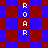 A pixelated image with blue and red diamond shapes arranged in a pattern, featuring vertical white text reading "ROAR" on multiple