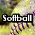 A split-screen image shows a close-up of a yellow softball with purple stitching on the left and a baseball field with white lines on the right, with text reading "Softball is life!" overlaid.