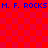 Red and pink checkered background with blue text repeating "M. F. ROCKS" in two horizontal