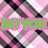 Pixelated plaid background with pink, black, gray, and white stripes overlaid by green text in three separate boxes.